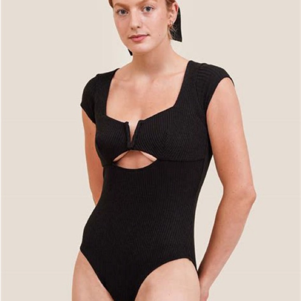 Angie Bauer Ribbed Jersey Cut Out Bodysuit - Black Sarah Bodysuit - XS, S, M, L